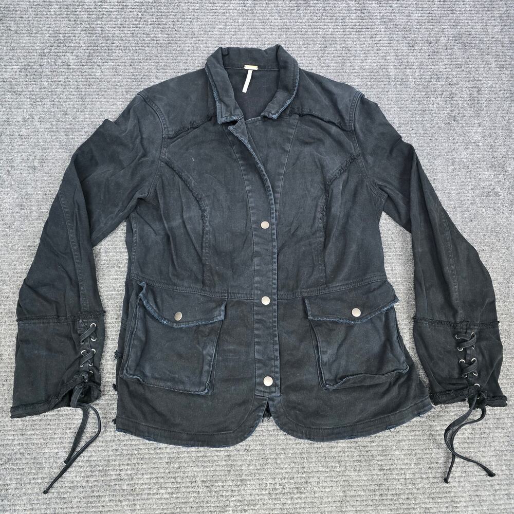 Free People Womens Black Utility Jacket Lace Up Cuffs Ruffle Back Boho Large